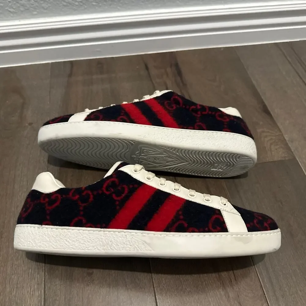 AUTHENTIC GUCCI WOOL ACE GG BLUE RED SNEAKERS 548495 GG 9.5 (fits USA 10.5)